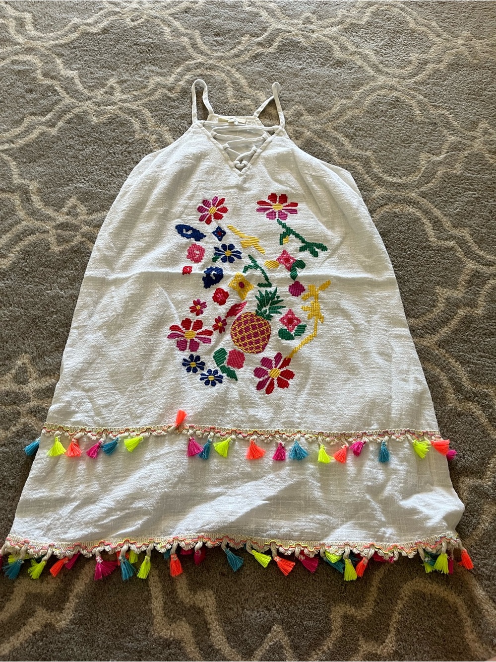 entro White Tropical Embroidered Tassel Sundress